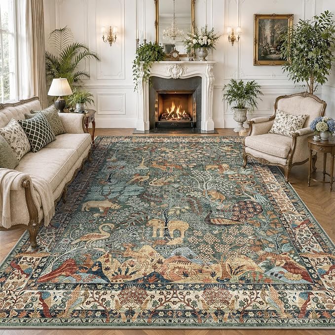 Vintage Bohemian Jungle Wildlife Area Rug