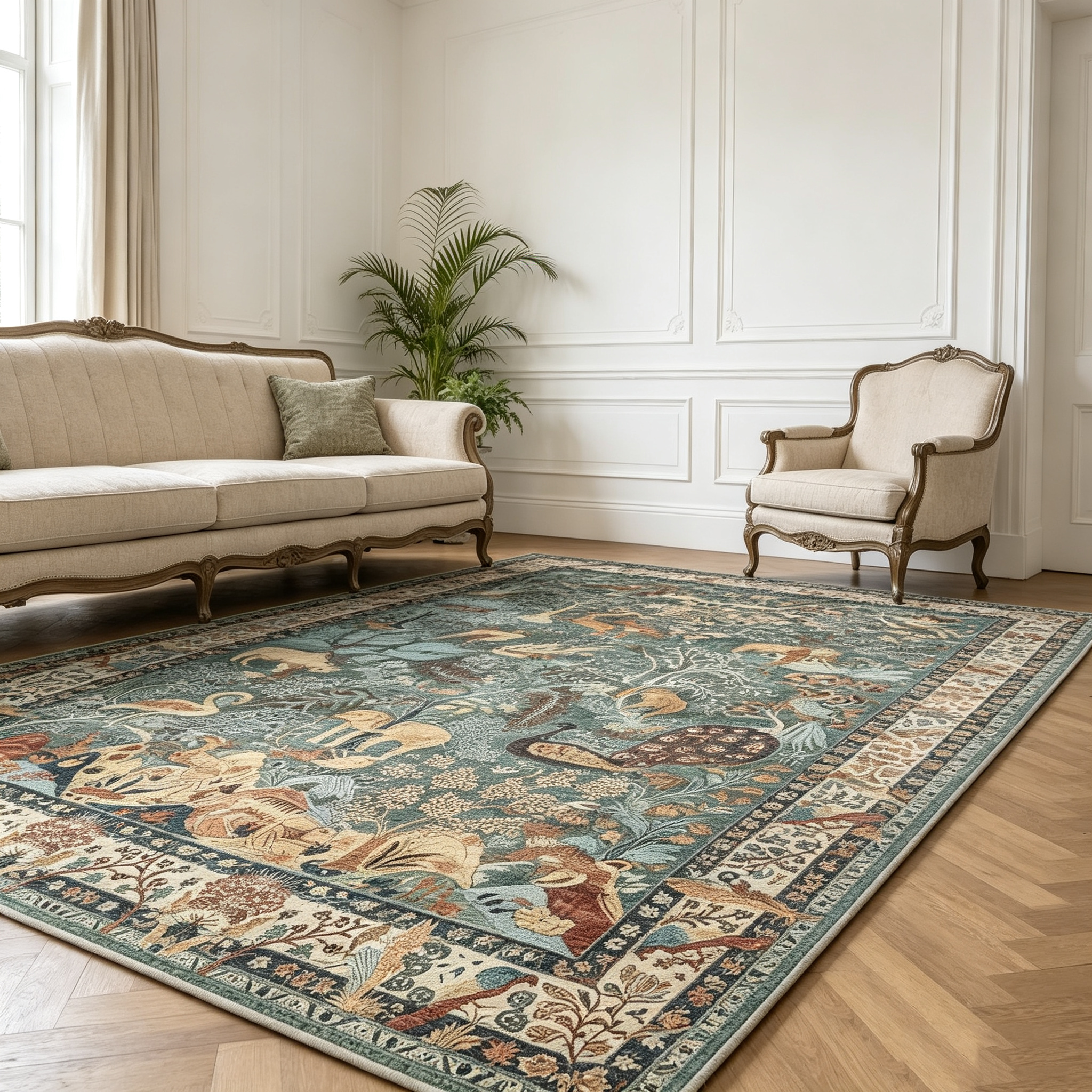 Vintage Bohemian Jungle Wildlife Area Rug
