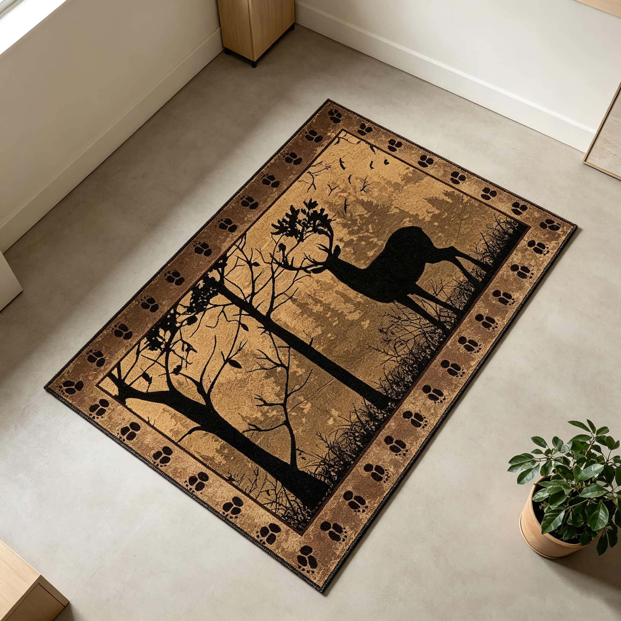Rustic Cabin Style Dusk Deer Silhouette Non-Slip Washable Area Rug